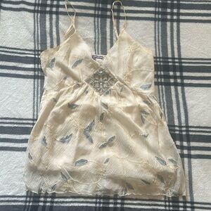 Hale Bob cream blue embroidered 100% silk camisole tank blouse
